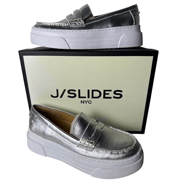 J/Slides Loafer Sneaker Slip On Ava Women's 8M Metallic Silver Leather Platform - Picture 1 of 12